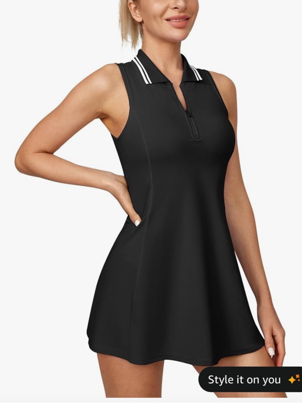 90 Degree By Reflex Black Sleeveless Polo Dress with White Collar Stripes